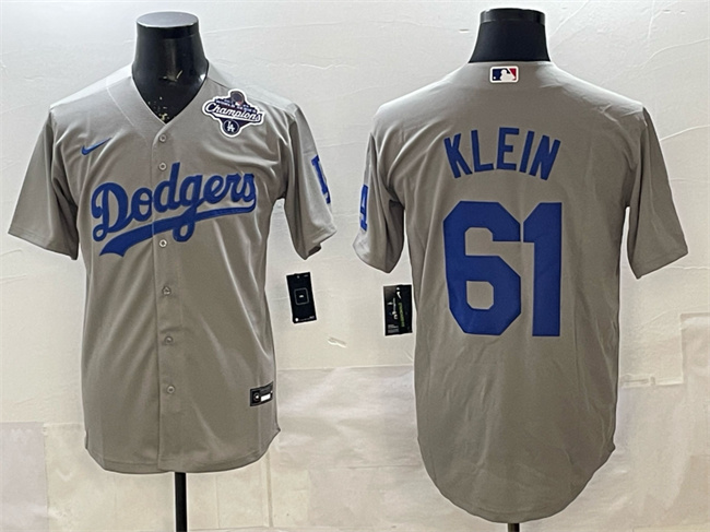Men's Los Angeles Dodgers #61 Will Klein Grey 2025 World Series Patch Cool Base Stitched Baseball Jersey